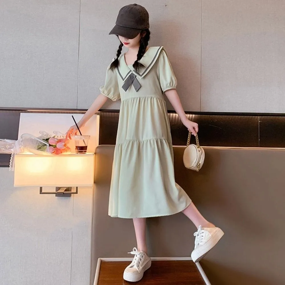 Robe de princesse à nœud papillon pour filles, ample, manches courtes bouffantes, robes pour adolescentes, Style Preppy, robe à bulles pour enfants, été