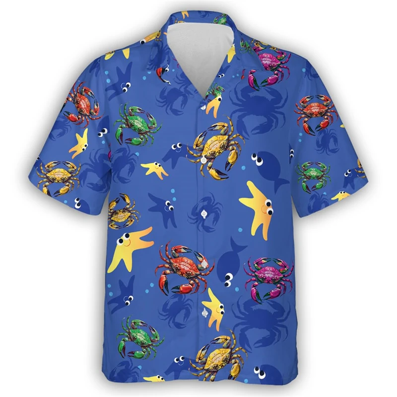 Hawaiian King Crab Graphic Beach Shirts Cute Starfish Shell Shirts For Men Clothes Crabs Coral Short Sleeve Women Vacation Tops