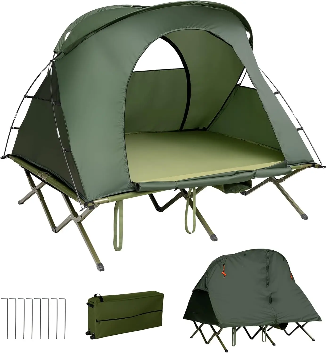 

2-Person Tent Cot, 4-in-1 Folding Tent with Waterproof Rainfly, Self-Inflating Mattress & Roller Carrying Bag, Elevated Tent