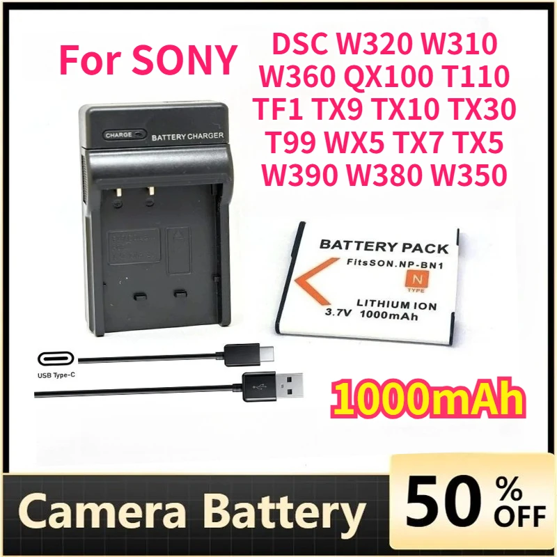 

1000mAh NP-BN1 Camera Battery Charger for SONY DSC W320 W310 W360 QX100 T110 TF1 TX9 TX10 TX30 T99 WX5 TX7 TX5 W390 W380 W350