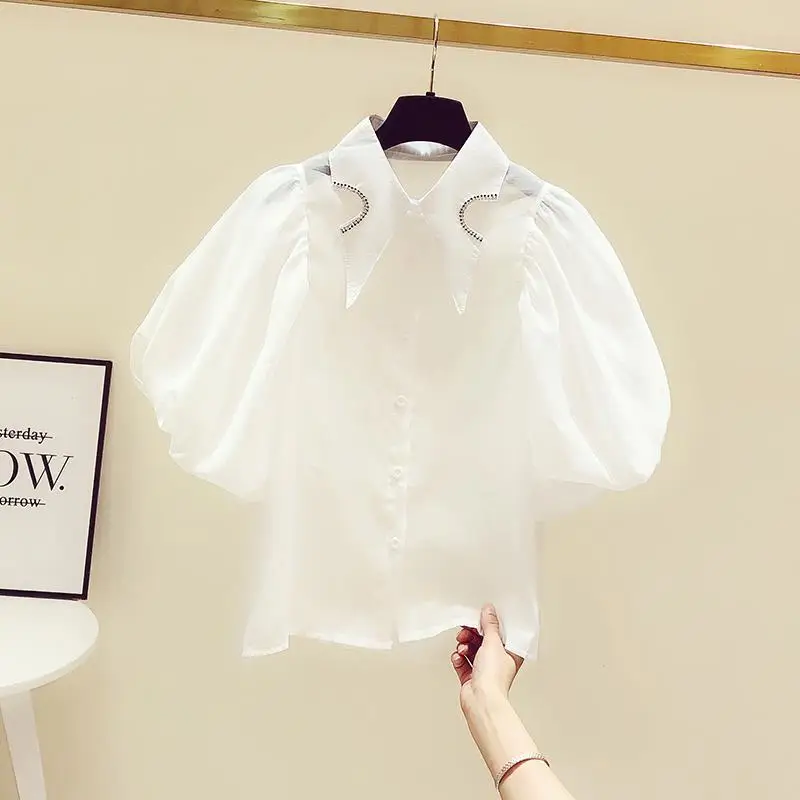 Summer Fashion Bright Line Decoration Solid Color Turn-down Collar Lantern Sleeve Blouse Female Fashionable Perspective Shirts