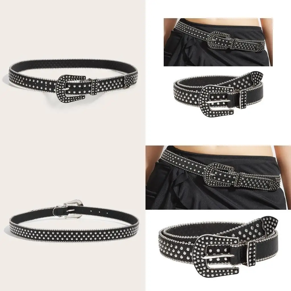 

652F Western Belt for Women Rockers Belt for Pants Jeans PU Leather Rivet Studded Waistband Fashion Waiststrap for Daily Use