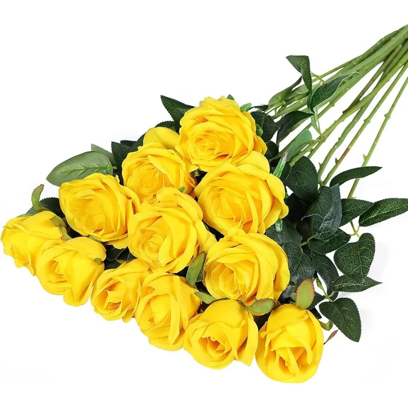 

12PCS Artificial Silk Flowers Realistic Roses Bouquet Long Stem for Home Wedding Decoration Party (Yellow 1)