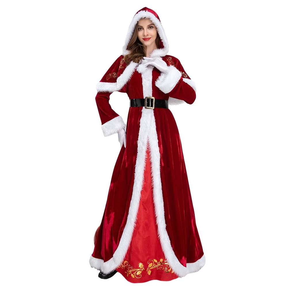 2023 New red hooded shawl furred long skirt Christmas dress Annual party dress Christmas party