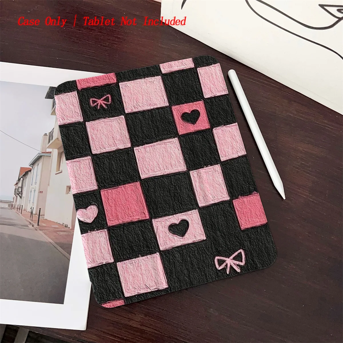 

Black & Pink Heart Printed iPad Case for Pro 12.9/11/Air 10.9/iPad 10.2/Mini 6, Shockproof Wear-Resistant Cover