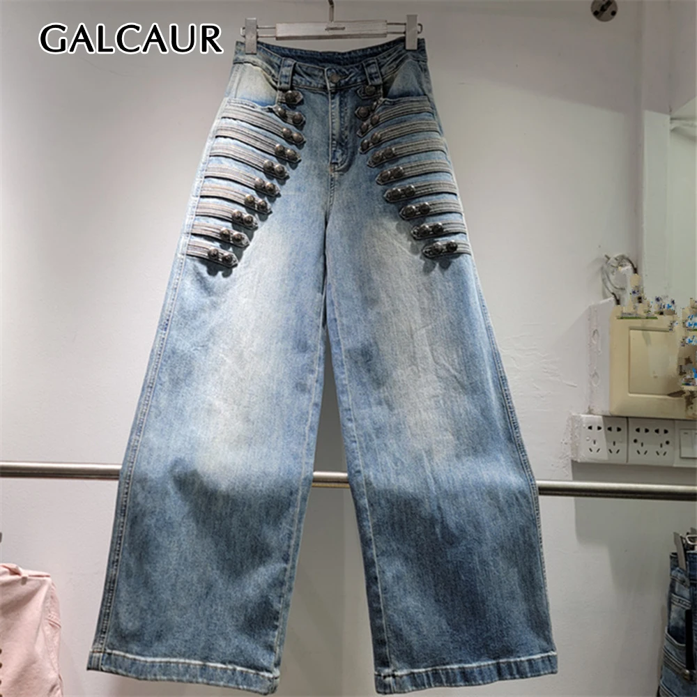 GALCAUR Solid Spliced Double Breasted Loose Denim Pants for Women High Waist Patchwork Zipper Wide Leg Trousers Female fashion