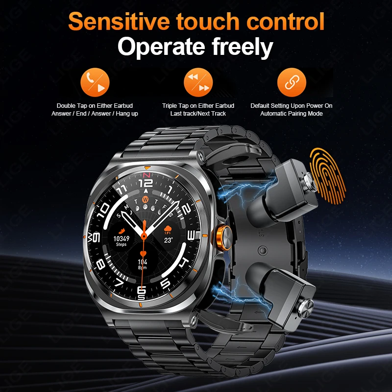 LIGE 2025 Watch Wireless Earphones 2-in-1 Smart Watch Bluetooth Call 100+Sports Mode Outdoor Run Health Smart Watch Men Women