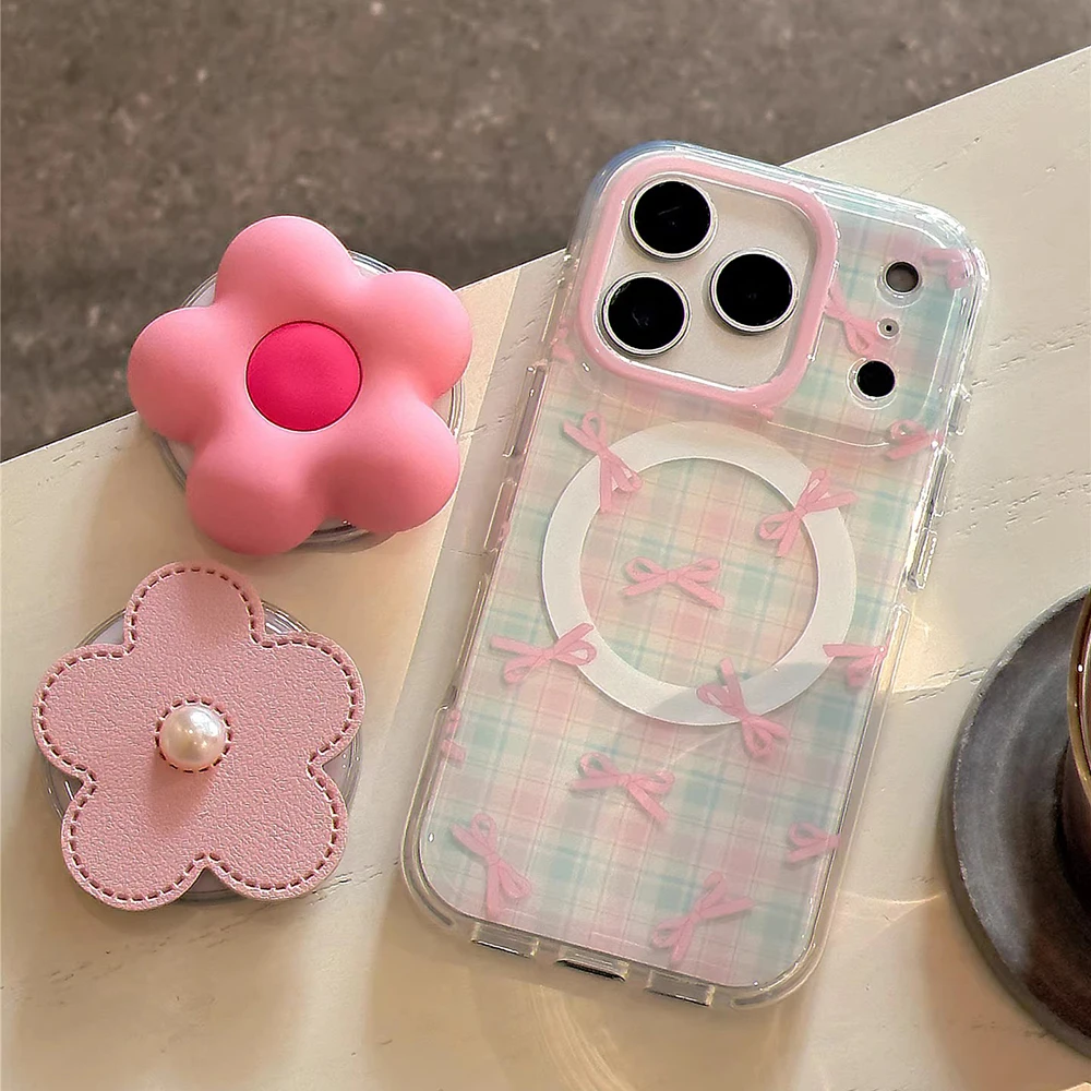 

3D Flower Cute Pink Bowknot Magnetic Grip Tok Phone Case for iPhone 16 15 14 17 Pro Max Wireless Charge Girl Cover for Magsafe