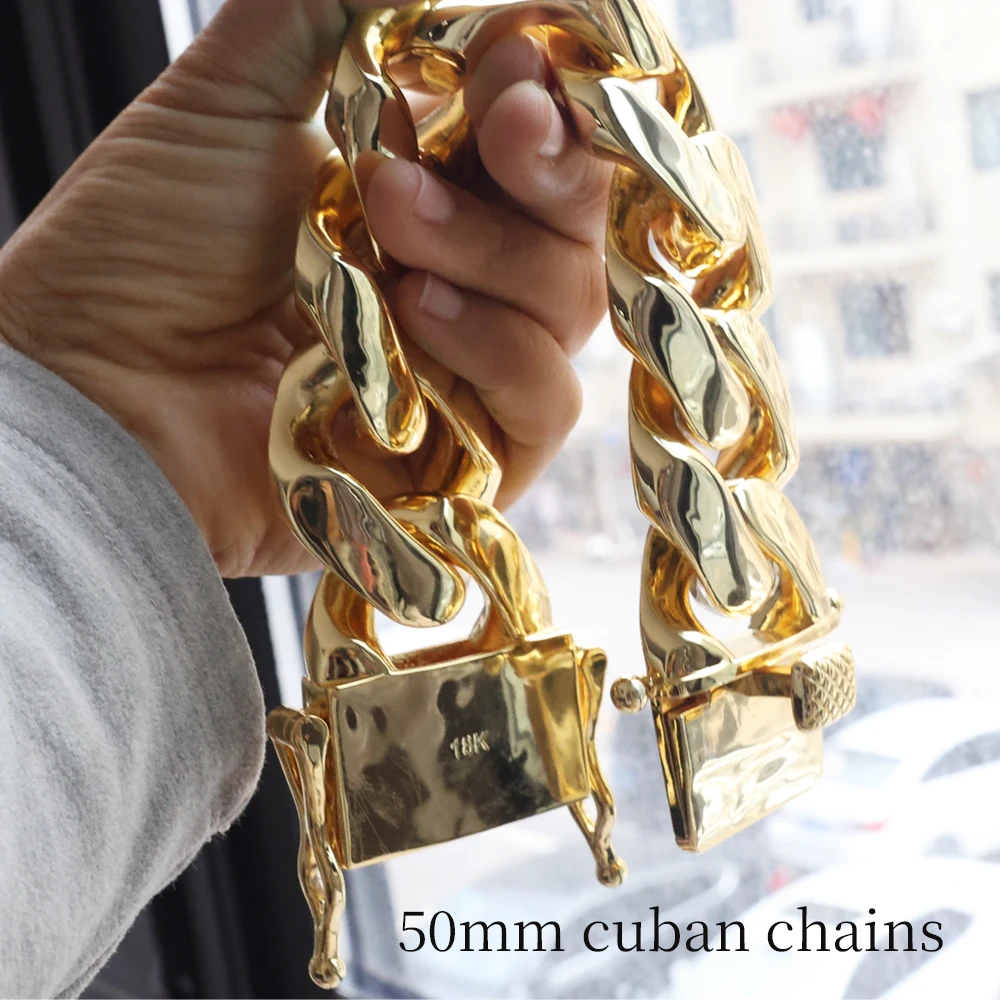 50mm Plain Cuban Chain Round Brilliant Cut 18k Gold Plated Cuban Link Chain for Men Women