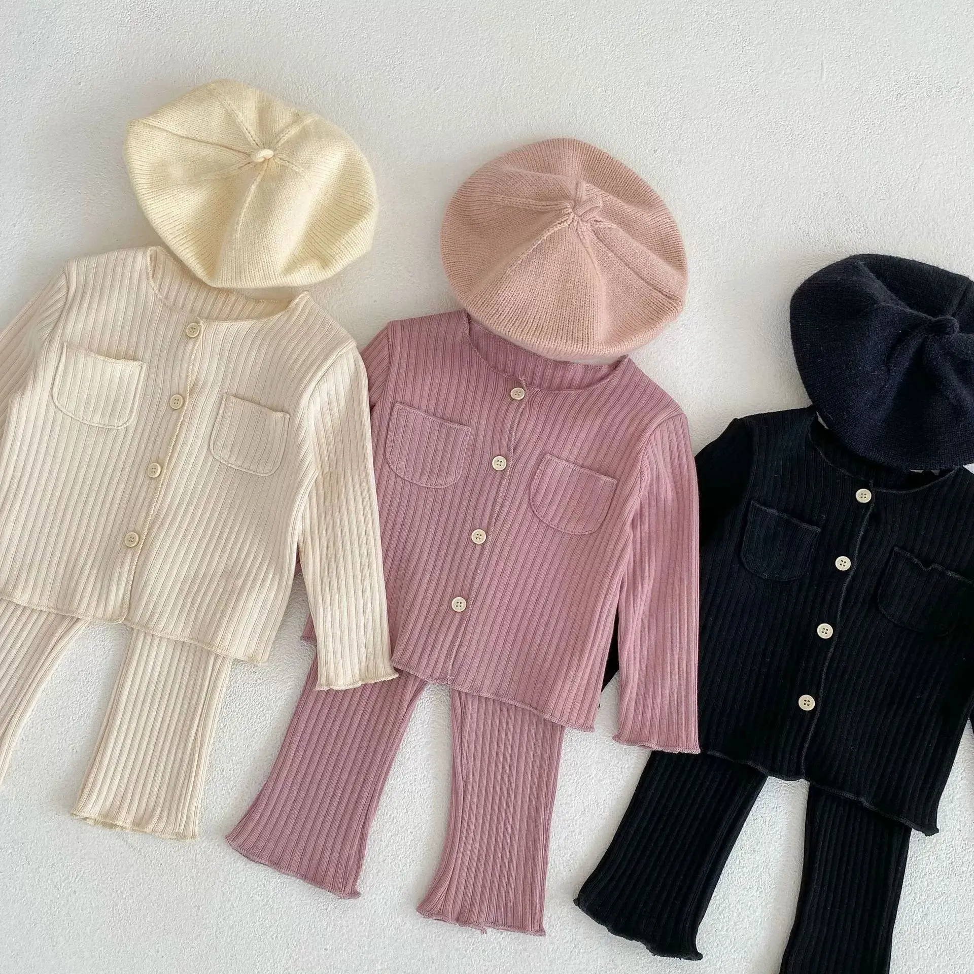 2024 Autumn New Baby Girl Long Sleeve Clothes Set Solid Ribbed Cardigan + Leggings 2pcs Suit Cotton Infant Home Wear Outfits