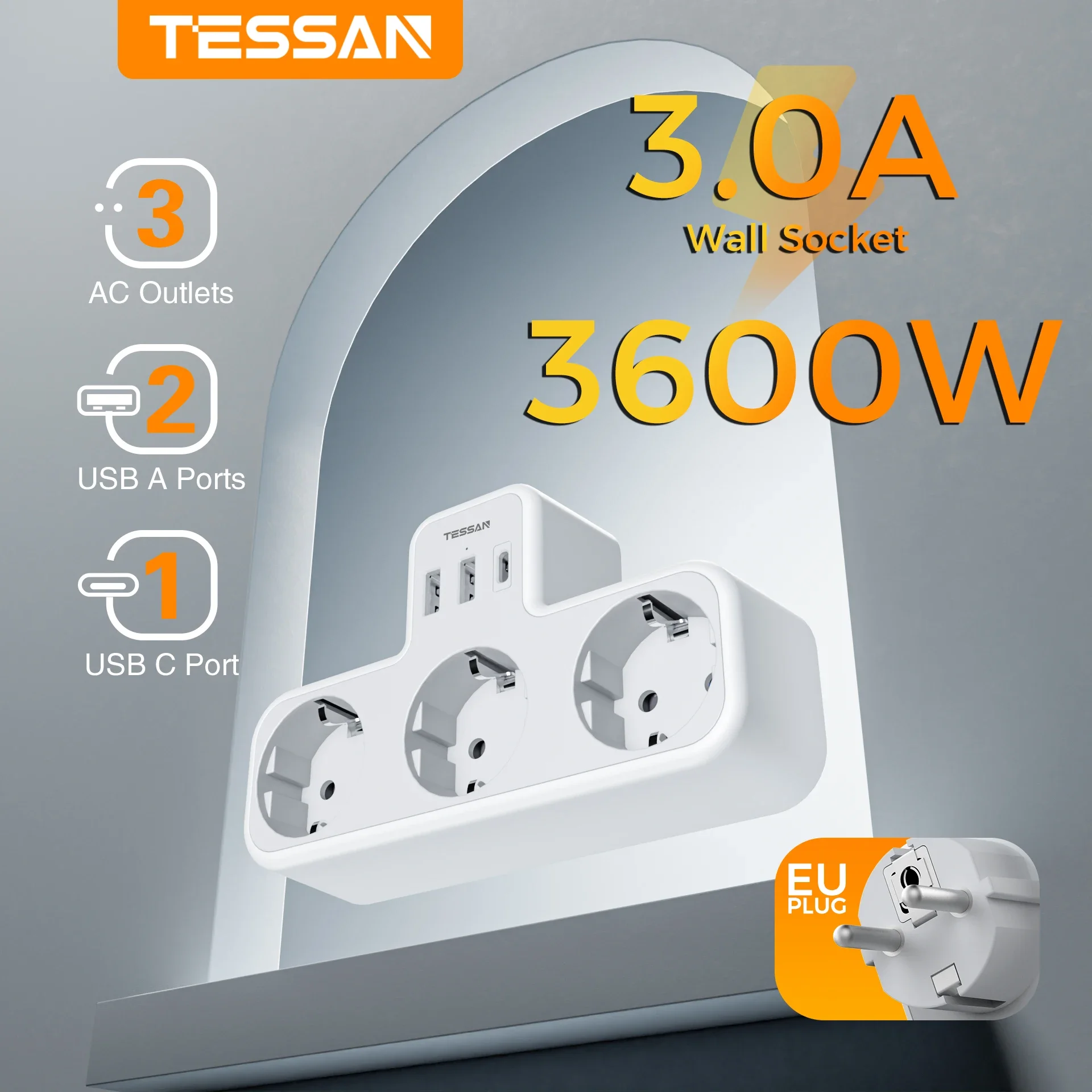 TESSAN-extensor de enchufe de pared para el hogar y la Oficina, con 3 salidas de CA y 3 puertos USB, adaptador de tira de Alimentación de 5V y 2.4A, protección contra sobrecarga