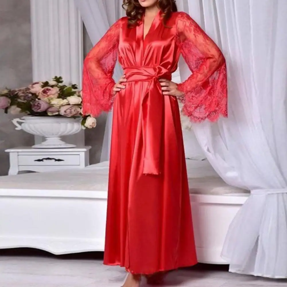 Sexy Silk Satin Night Dress Mesh Tight Waist Lace Up Women Bathrobe Cardigan Lingerie Female Lace Pajamas Sleepwear Nightwear