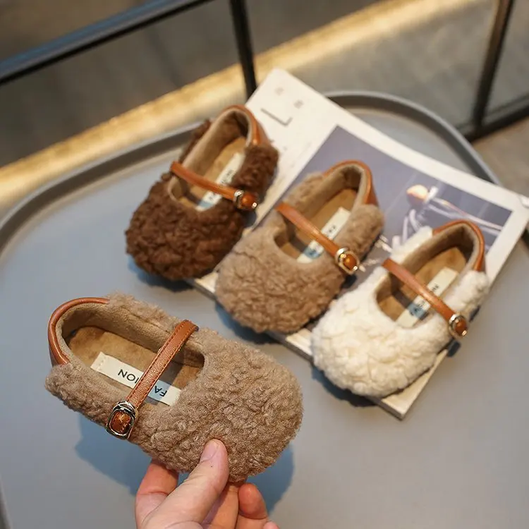 

Super Cozy Furry mary jane shoes for Kids Girls New Brand Designer Metal Buckle Children Cotton-Padded Winter Shoes Kids 21-30