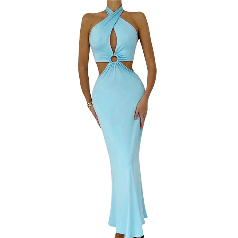 

Backless Halter Bodycon Dress 2023 Women Solid Color Hollow Out Sleeveless Long Dresses Evening Party Dresses Clubwear