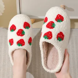 Winter Home Women Slippers Strawberry Casual Faux Fur Warm House Shoes Girls Bedroom Comfy Home Flat Slip-on Slides Shoes