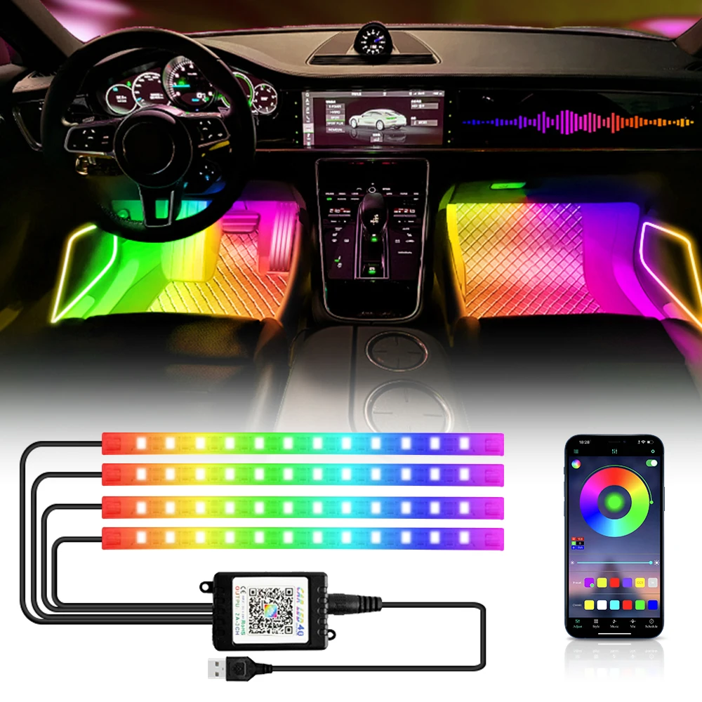 Neon 48 72 LED auto-interieur omgevingsvoetlicht met USB draadloze afstandsbediening muziek app-bediening auto RGB sfeer decoratieve lampen