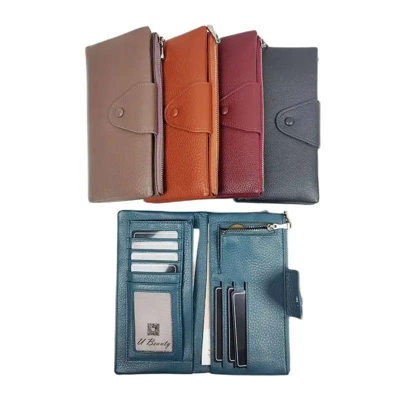 Portefeuille long en cuir de vache véritable pour femme, porte-cartes multifonctionnel, sac de téléphone, sac à main pour femme, porte-cartes décontracté, bouton pression, doux