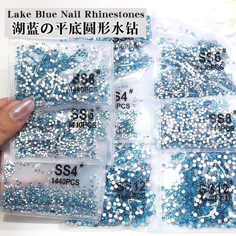 Shiny Lake Blue Flatback Glass Rhinestones 1440PCS SS3‑SS20 Bling Nail Gems Charms for Manicure False Nails DIY Crafts Decor Set