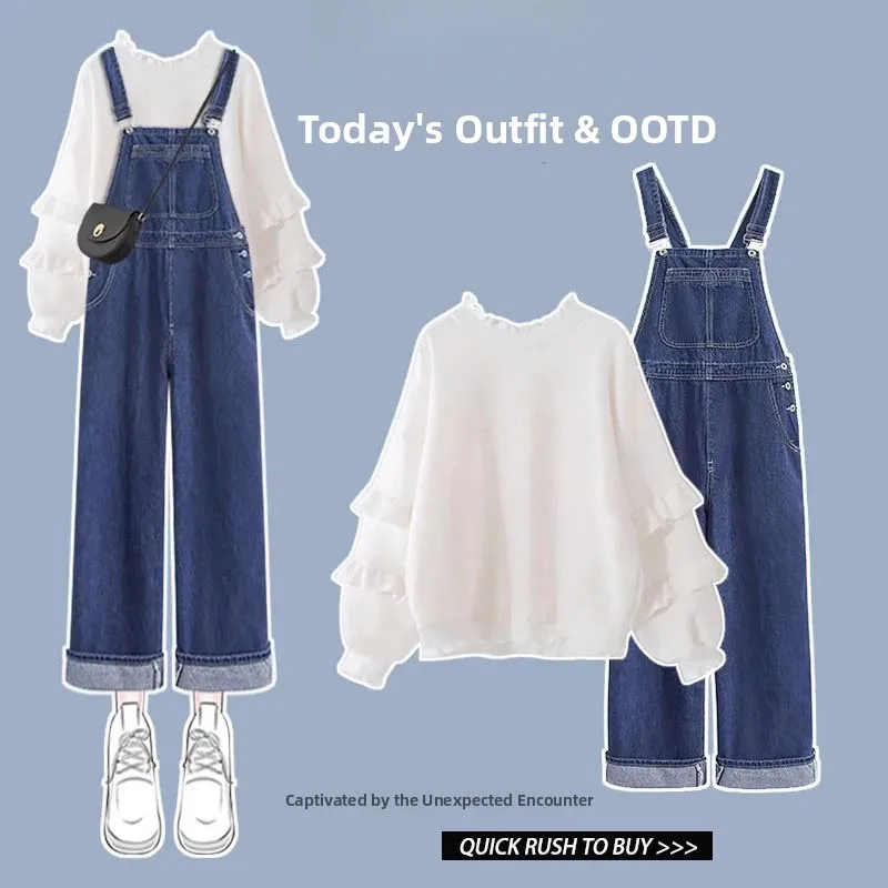 

Весна 2024, новый женский нежный уличный молочный милый джинсовый повседневный комплект из двух предметов, топ и комбинезон, модный и удобный