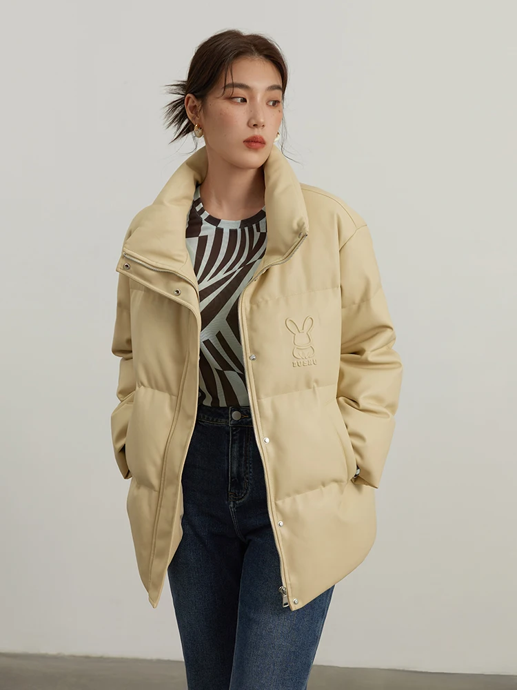 DUSHU 141.8G Filling Capacity Foldable Collar PU Leather Wown Jacket Women 2022 Winter 90% White Duck Down Warm Coats Female