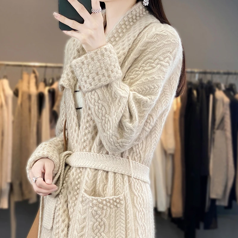 Heavy thick women\'s cardigan cardigan lapel solid color sweater mid-length sweater with sweater new autumn and winter wool coat