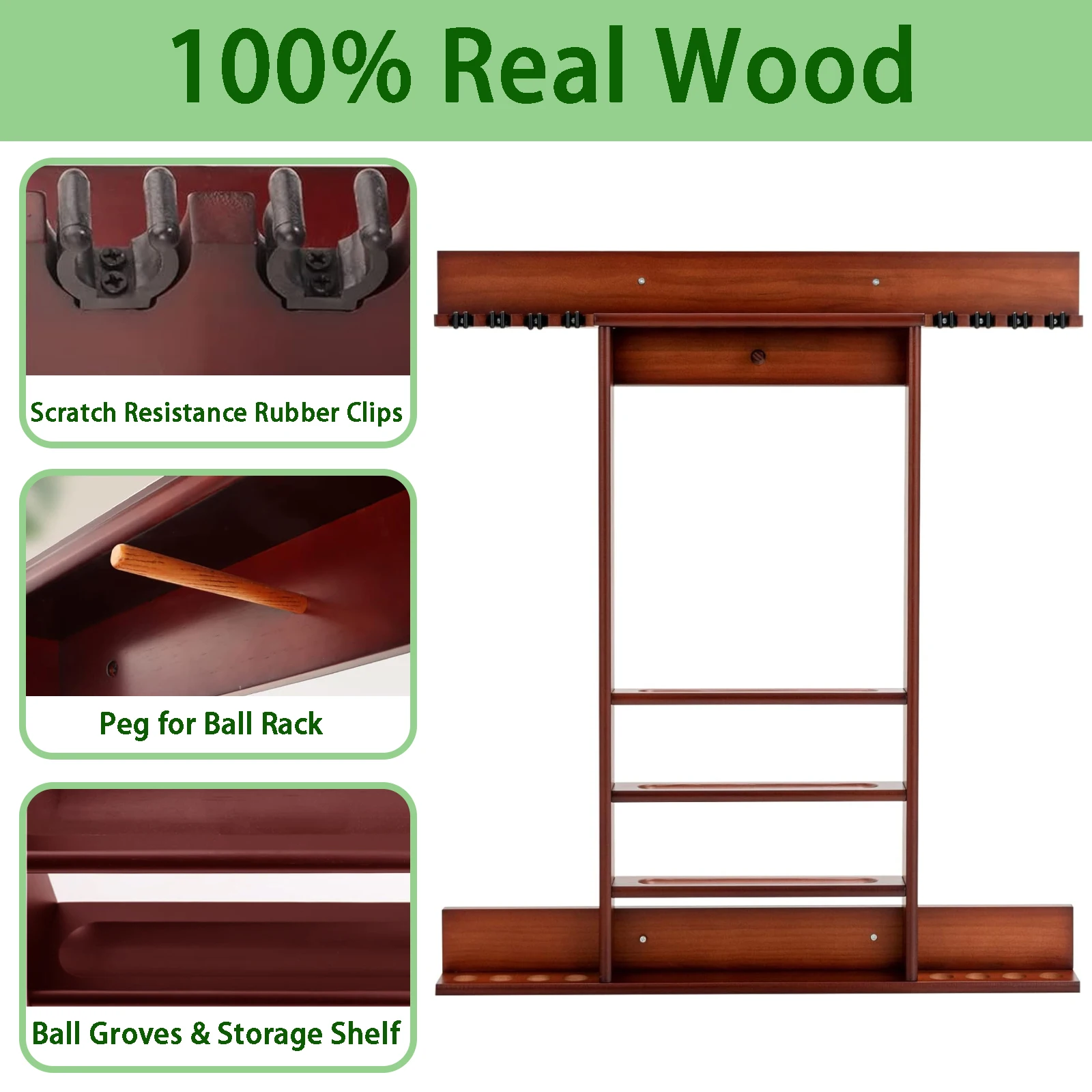 

8-Cue Wall-Mounted Pool Cue Rack Stand, Solid Wood Billiard Stick Holder for Full Ball Set & Accessories, Home, Game Room, Bar