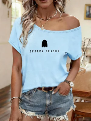Printed Y2K Style Spring and Summer Hot-Selling Women's Fashionable Casual Off-Shoulder Short Sleeves