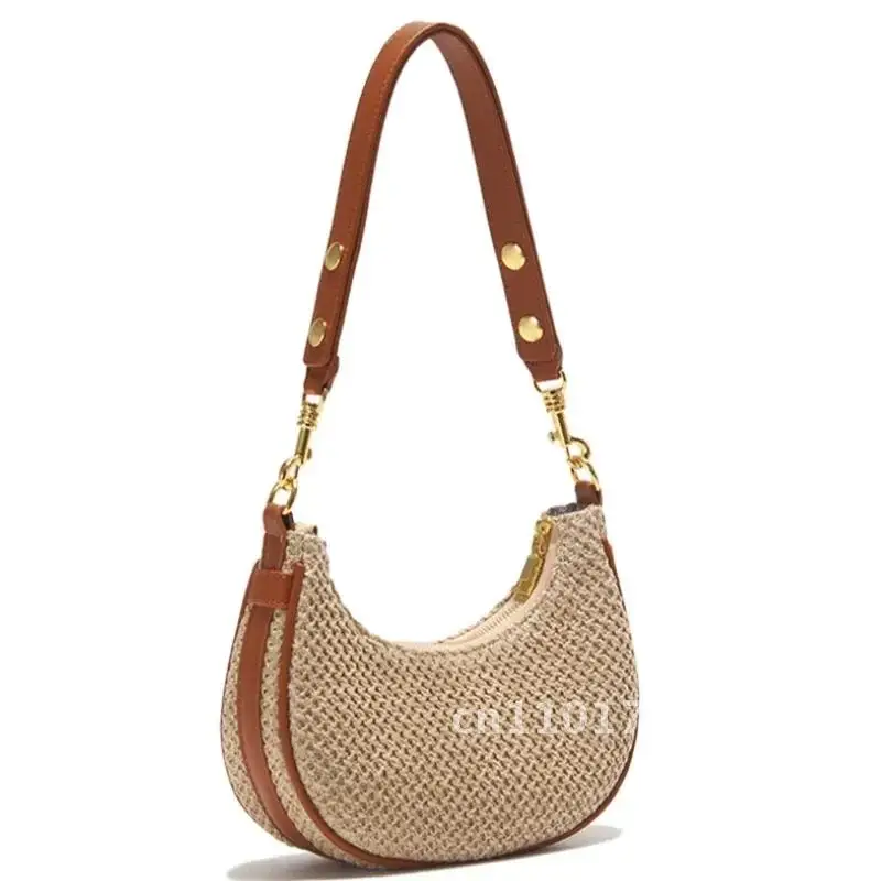 Summer Simple Design Women's Half Moon Hobo Bag High Quality Hand-woven Straw Armpit Bag Female Seaside Beach Shoulder Bag 2024