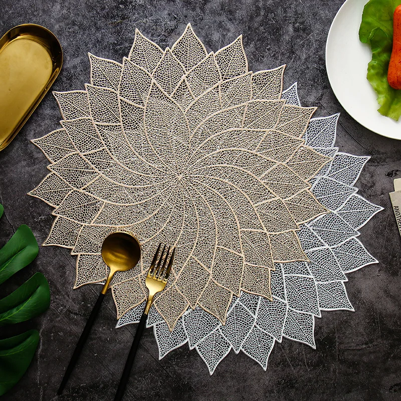 6/4pcs New Creative Wealth Leaf Round Placemat Hot Stamped Dining Table Decor Mat Hollow PVC Solid Color Insulation Mat Coasters