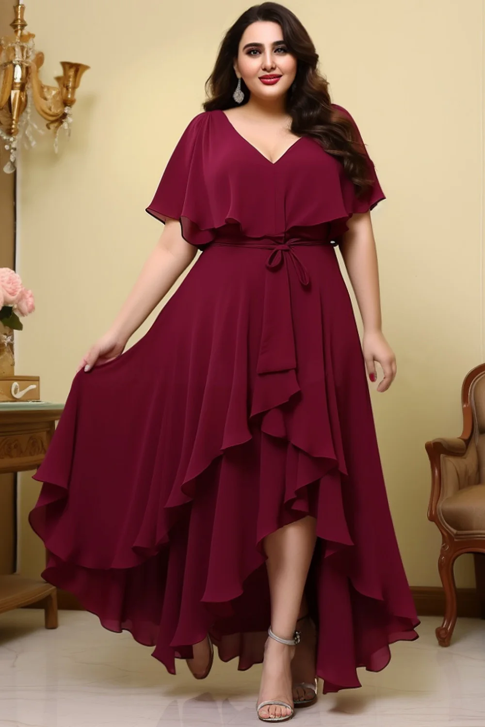

Flycurvy Plus Size Wedding Guest Burgundy Chiffon Cape Sleeve Irregular Hem Maxi Dress