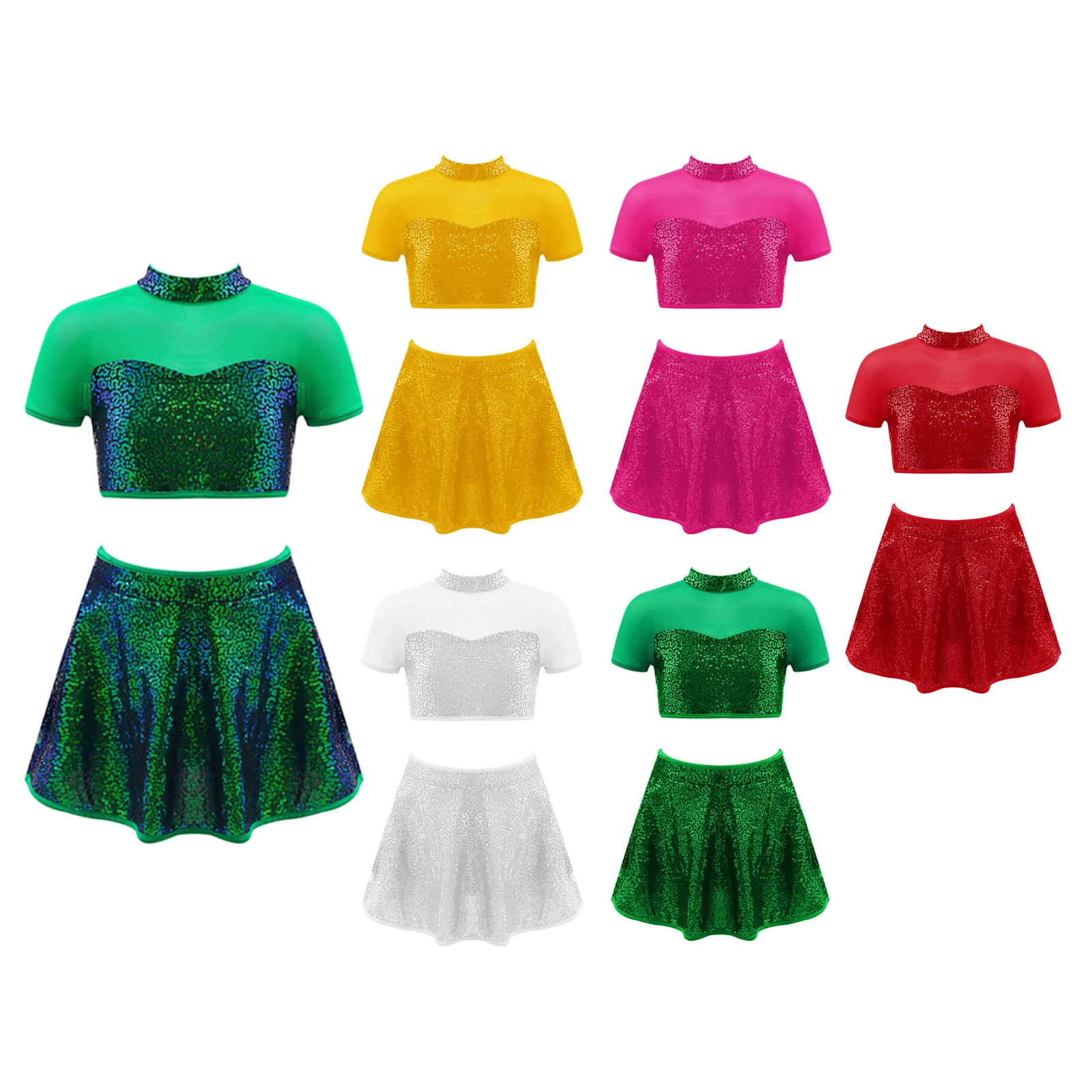 Kids Girls Sequins Ballet Dance Sets Crop Top with Skirted Shorts Set for Latin Jazz Figure Skating Costume Stage Performance