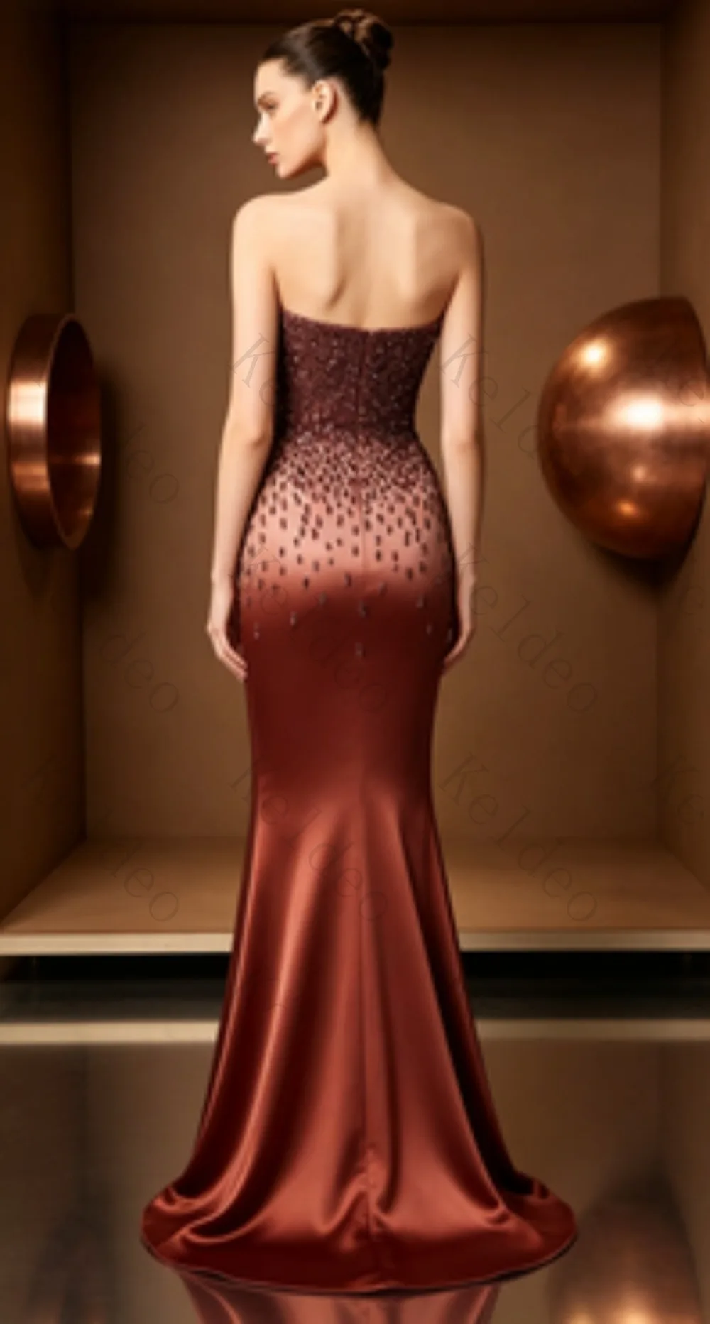 Customized Women Strapless Mermaid Evening Dress Sweetheart Neck Rhinestone Beaded Gradient Satin Floor Length Formal Gown Prom