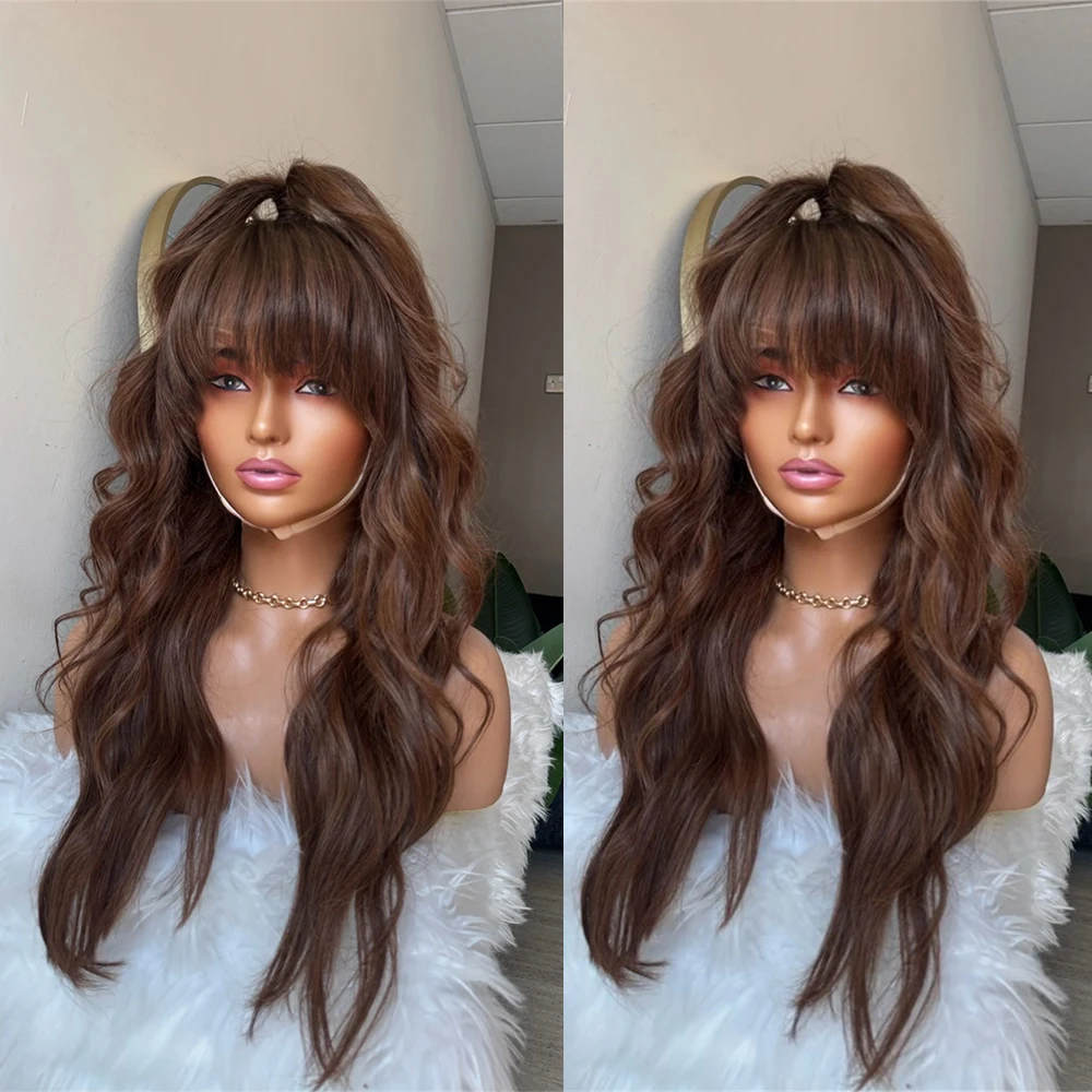 

Mocha Brunette Lace Wig with Fringe Meduim Cap Glueless Wig with Bangs HD Lace Soft Waves Beginner Friendly throw on & slay