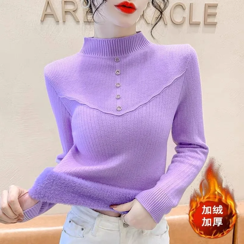 

Half-high Collar Inner Bottom with Autumn and Winter Integrated Velvet Knitted Warm Fashionable Sweater for Women