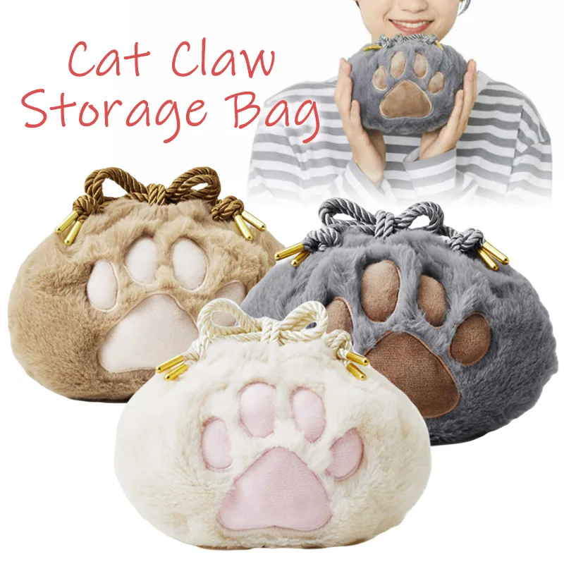

Women Drawstring Cosmetic Bag Travel Portable Plush Cat Paw Storage Makeup Bag Fashion Cute Cat Paw Toiletries Organizer