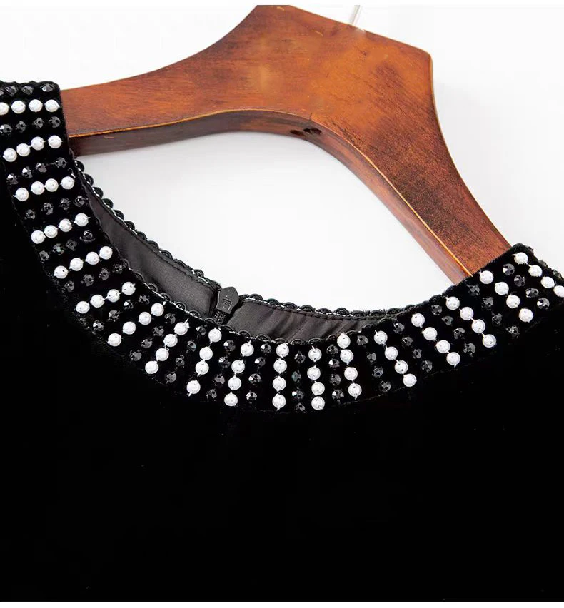 High-End-Sommer-Neues O-Ausschnitt-Perlen-Design mit Seide + Samtstoff, kurzärmelig, modisches, elegantes schwarzes Damenkleid S-XXL