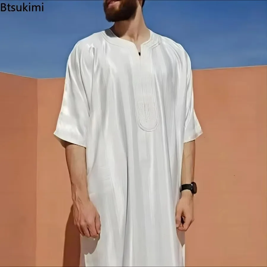 2025Castán musulmán para hombre, bata de satén bordada, Jubba Thobe, Arabia Saudita, Toub, Turquía, vestido informal islámico, ropa tradicional de Ramadán