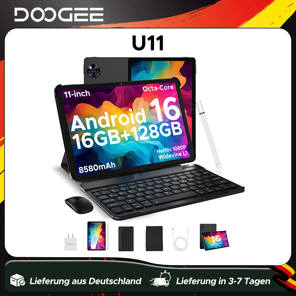 Tablet DOOGEE U11 Android 16 con Pantalla Ultra Nítida de 11 Pulgadas y 90Hz, 4GB de RAM, 128GB de ROM, Batería de 8580mAh, Altavoces Duales, Compatible con Widevine L1