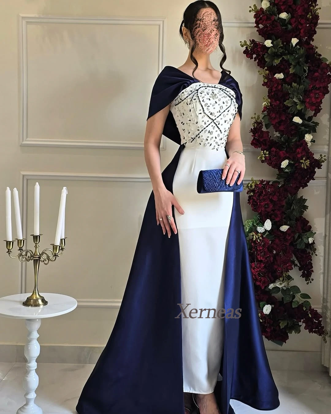 Customized Beaded Crystal Evening Dresses Women Luxury Party Dress Sheath Elegant Long Cocktail Gowns Navy Blue