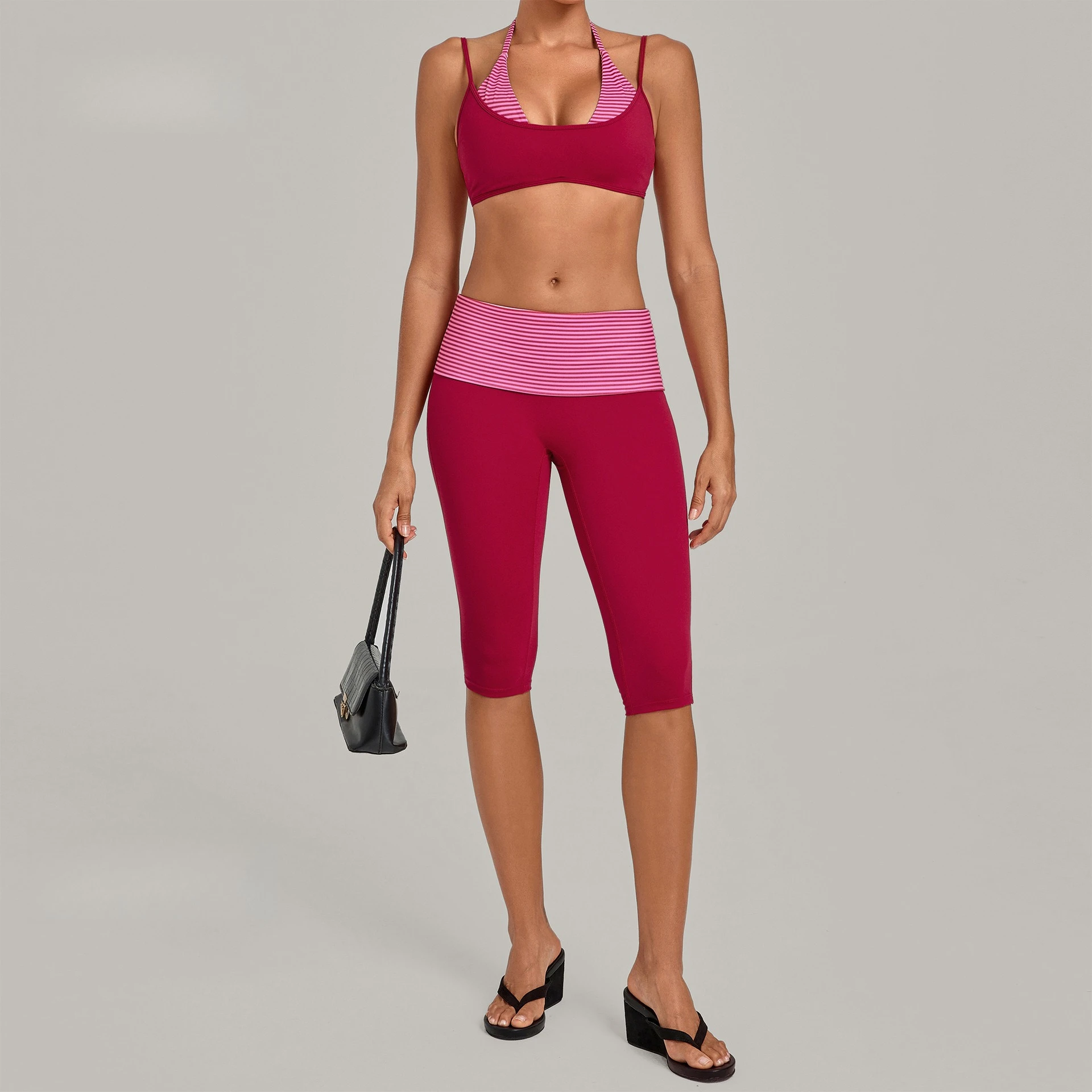 Vintage Print Yoga Sets Capri Pants+faux Two-piece Halter Tank Top with Bra Cups Running & Fitness Set Women Plus Size Available