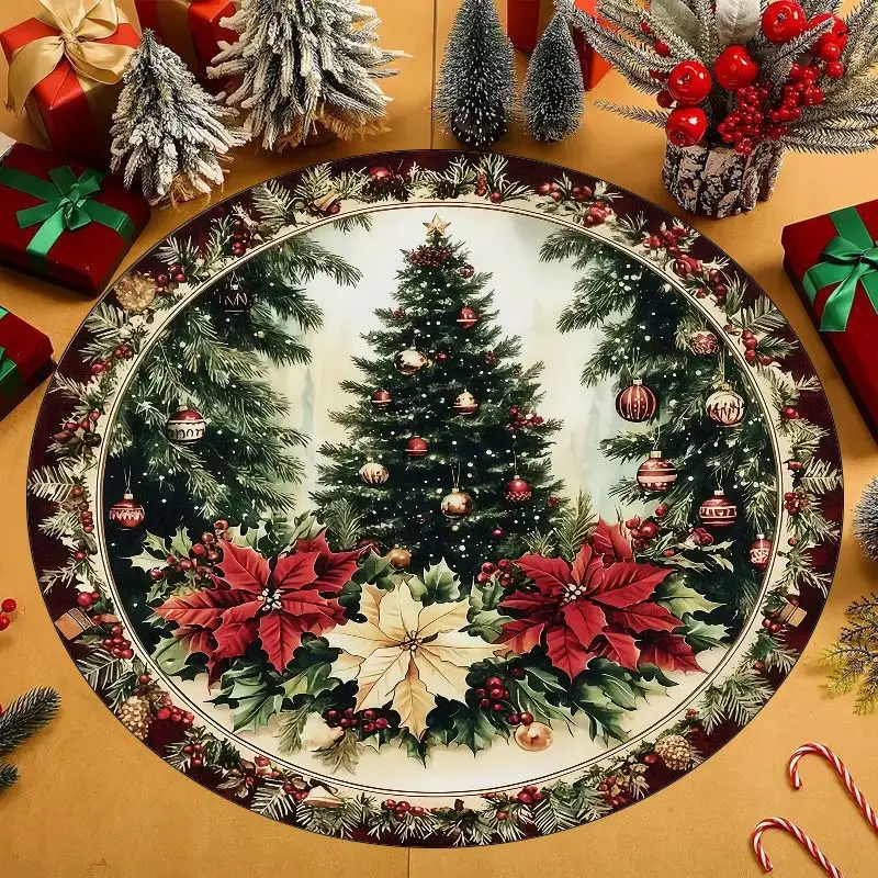 Dark Green Pine Branch Red Ball Vintage Carpet For Elegant Hallway Rich Detail Festive Mood Non Slip Round Rug