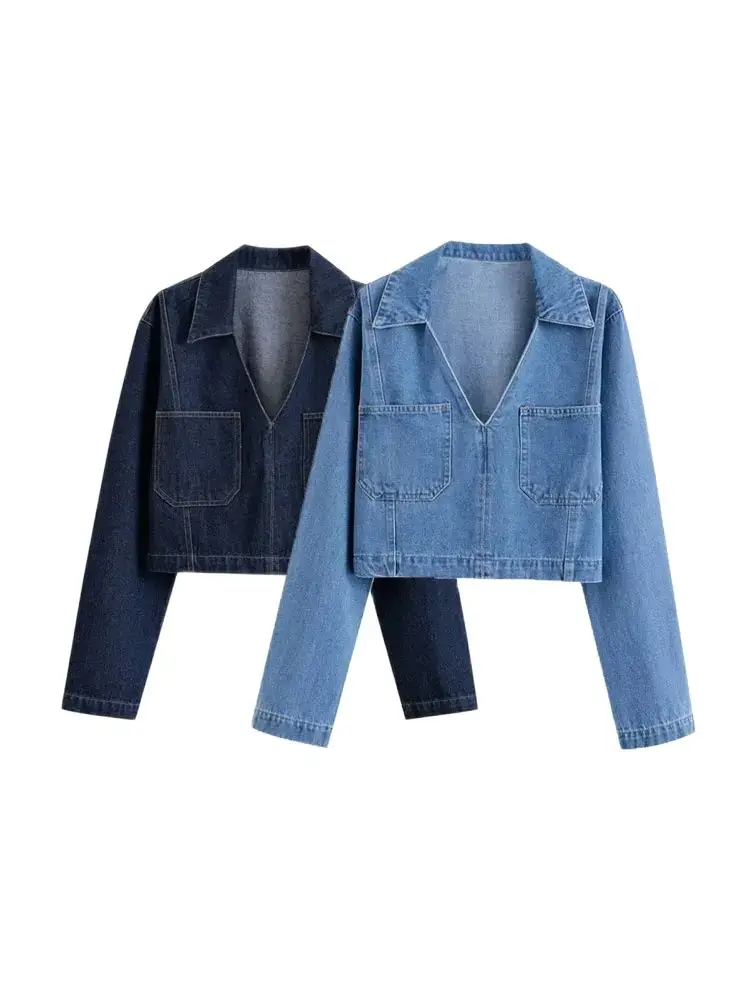 

TRZA-Loose Denim Blouses with Pockets for Women, Lapel Collar, Long Sleeve, Female Shirts, Chic Tops, Fashion