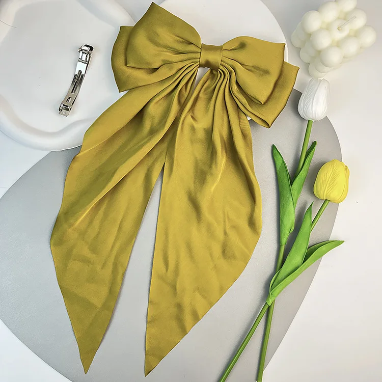 

Extra Long Ribbon Hair Clip, Pure Color Satin Big Bow for Ponytail & Bun, Women's Elegant Back of Head Hair Accessory A