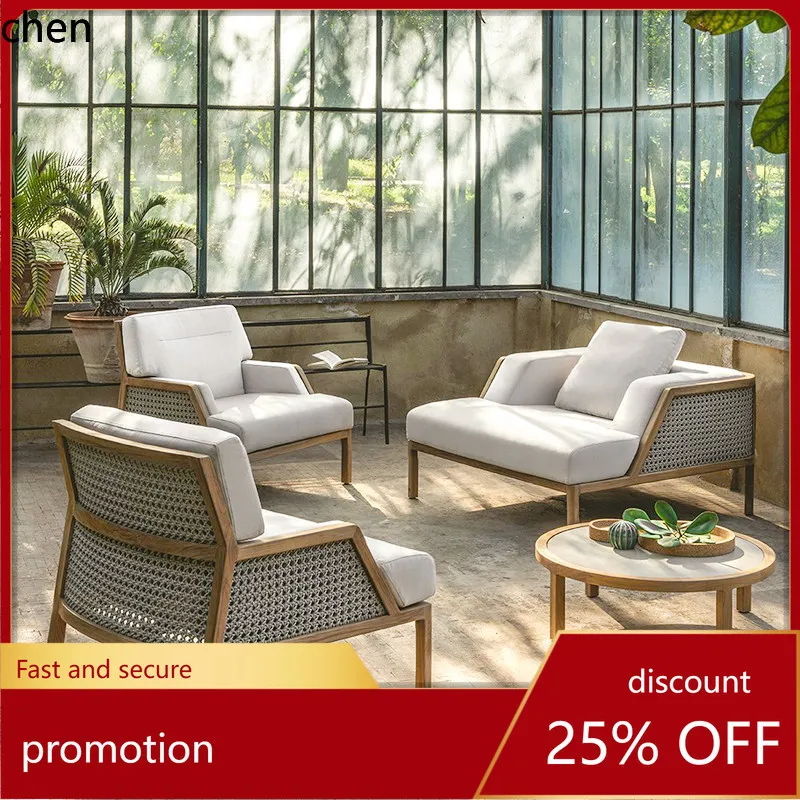 

CZ Outdoor Sofa Outdoor Patio Teak Leisure Single Chair Villa Sunroom Rattan Sofa Coffee Table Set