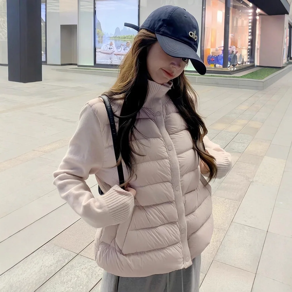 Lightweight Pork Rib Down Jacket for Women 2025 New Knitted Stand Collar Splicing Autumn and Winter 90 White Duck Down Warm Coat