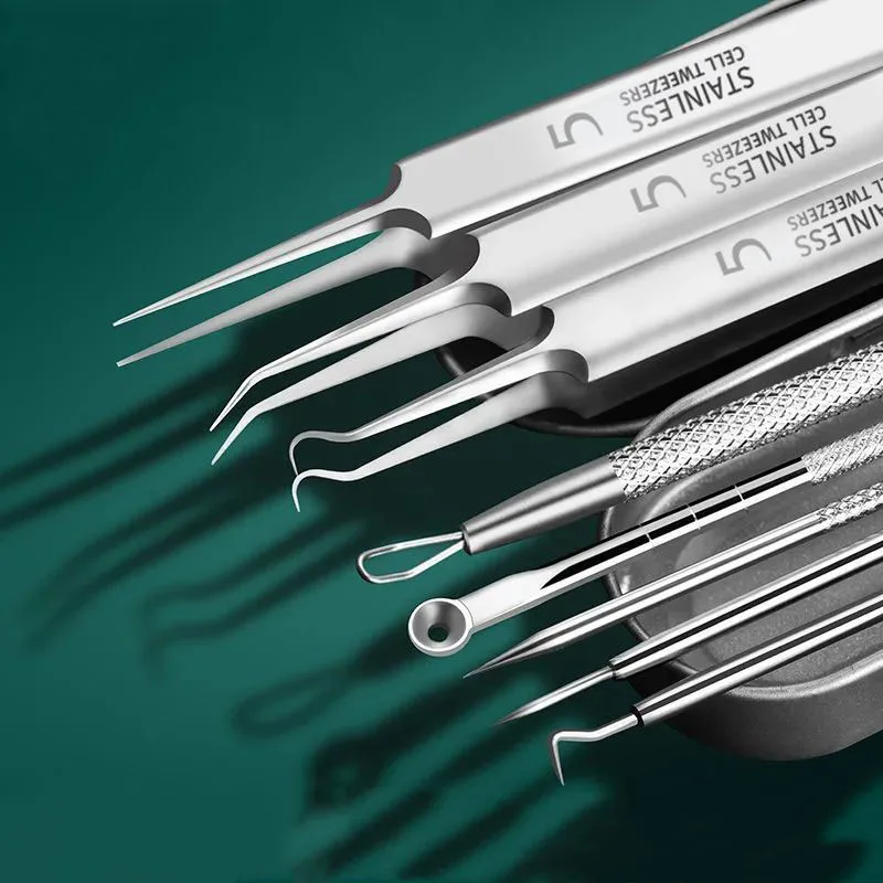 Juego de pinzas profesionales de acero inoxidable, herramientas de belleza/artesanía de precisión con agarre antideslizante para puntos negros y trabajos electrónicos, 8 Uds.