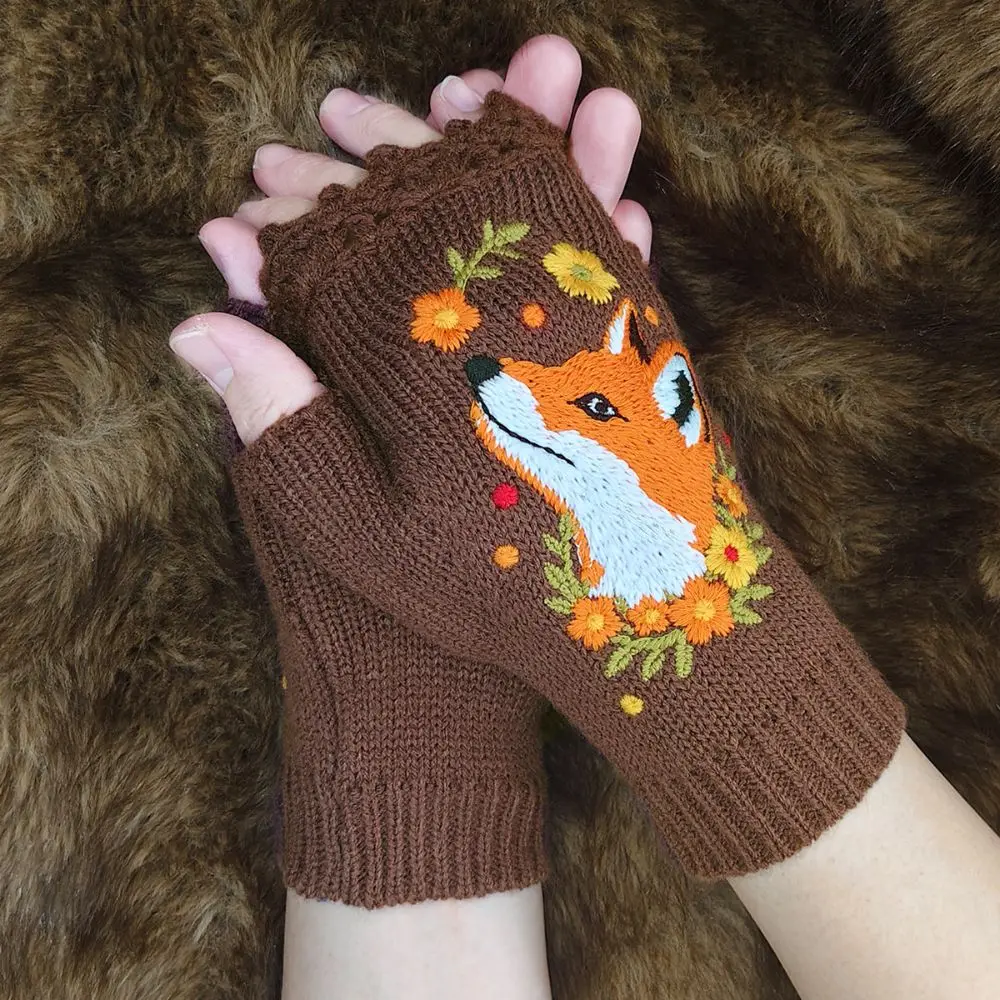 Vintage Embroidery Knitted Gloves Embroidered Floral Thick Fingerless Gloves Touch Screen Half Finger Touchscreen Gloves Autumn