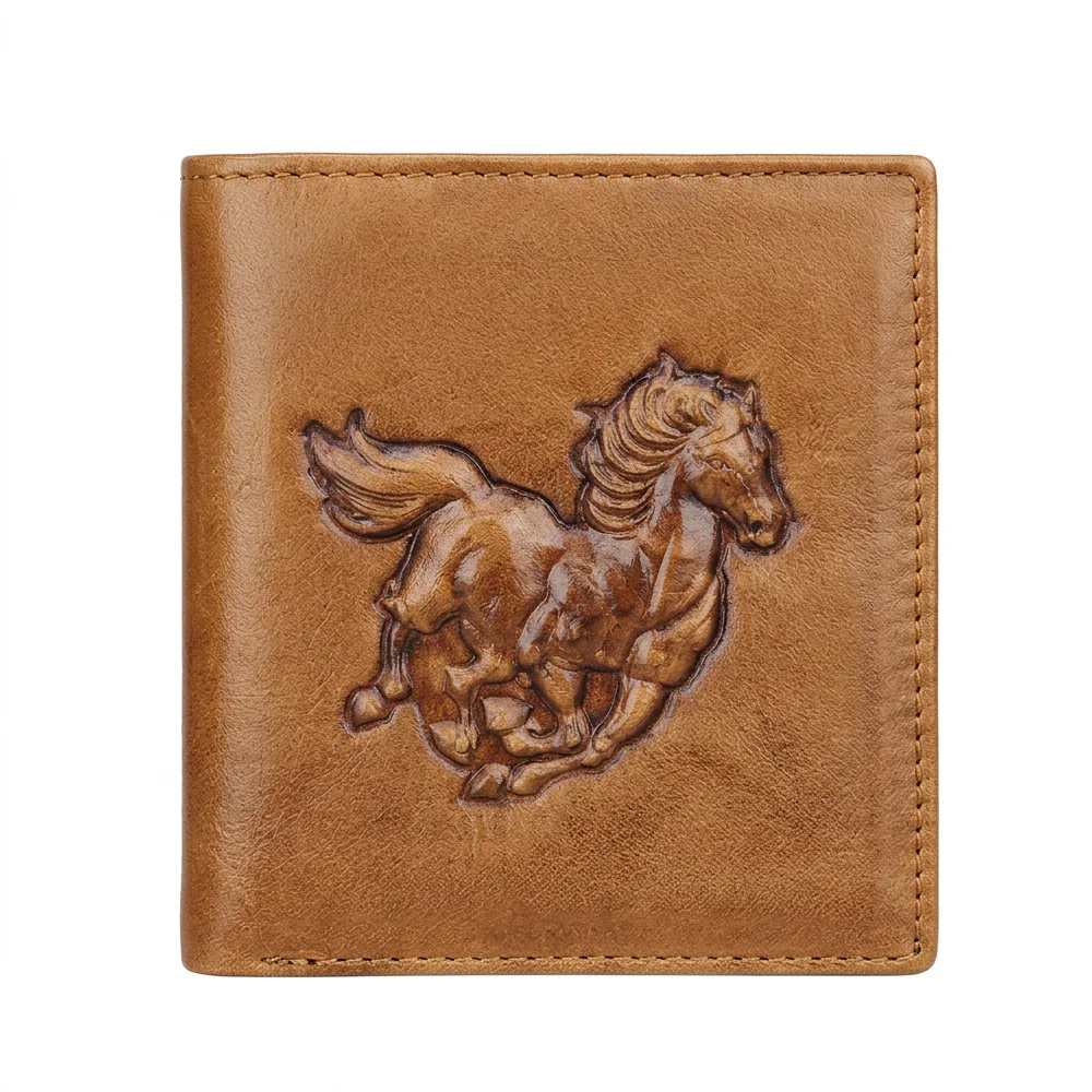 

Horse 3D Embossed Leather Wallet Men Vintage Vertical Cowhide Bifold Purse RFID Blocking Slim Retro Equestrian Gift for Male