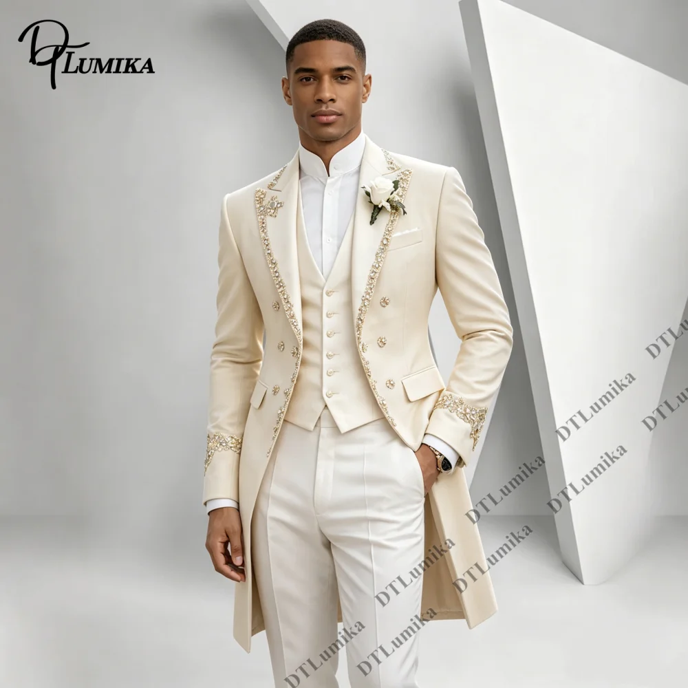 Long Tailcoat 3 Piece Men Wedding Suit Gold Rhinestone Lapel Cuff Vest Pants Luxury Groom Formal Prom Gala Pageant Tuxedo Outfit
