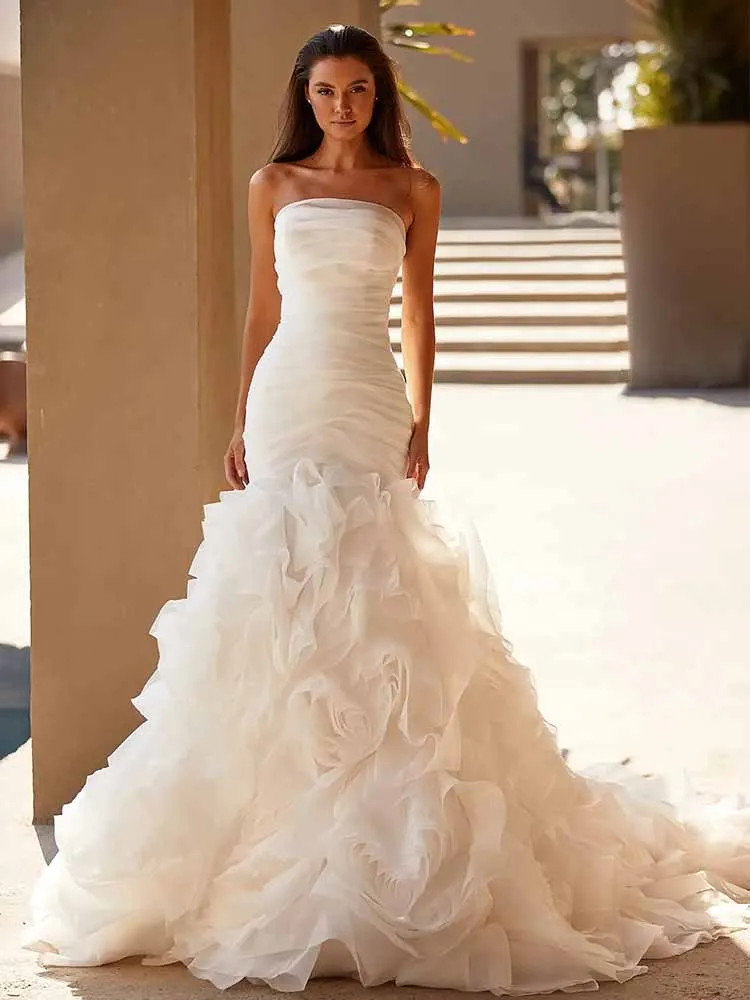 

Charming Women's Wedding Dresses Organza A-line Wedding Party Dresses Ivory Strapless Pleat Ruffles Tailing Modern Wedding Dress